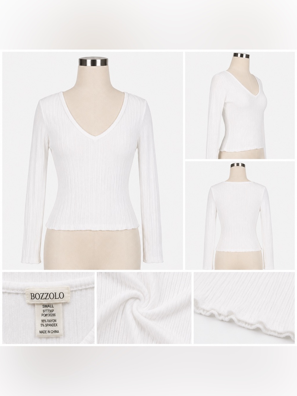 Bozzolo White Ribbed Long Sleeve V-Neck Lettuce Hem Baby Tee Top S